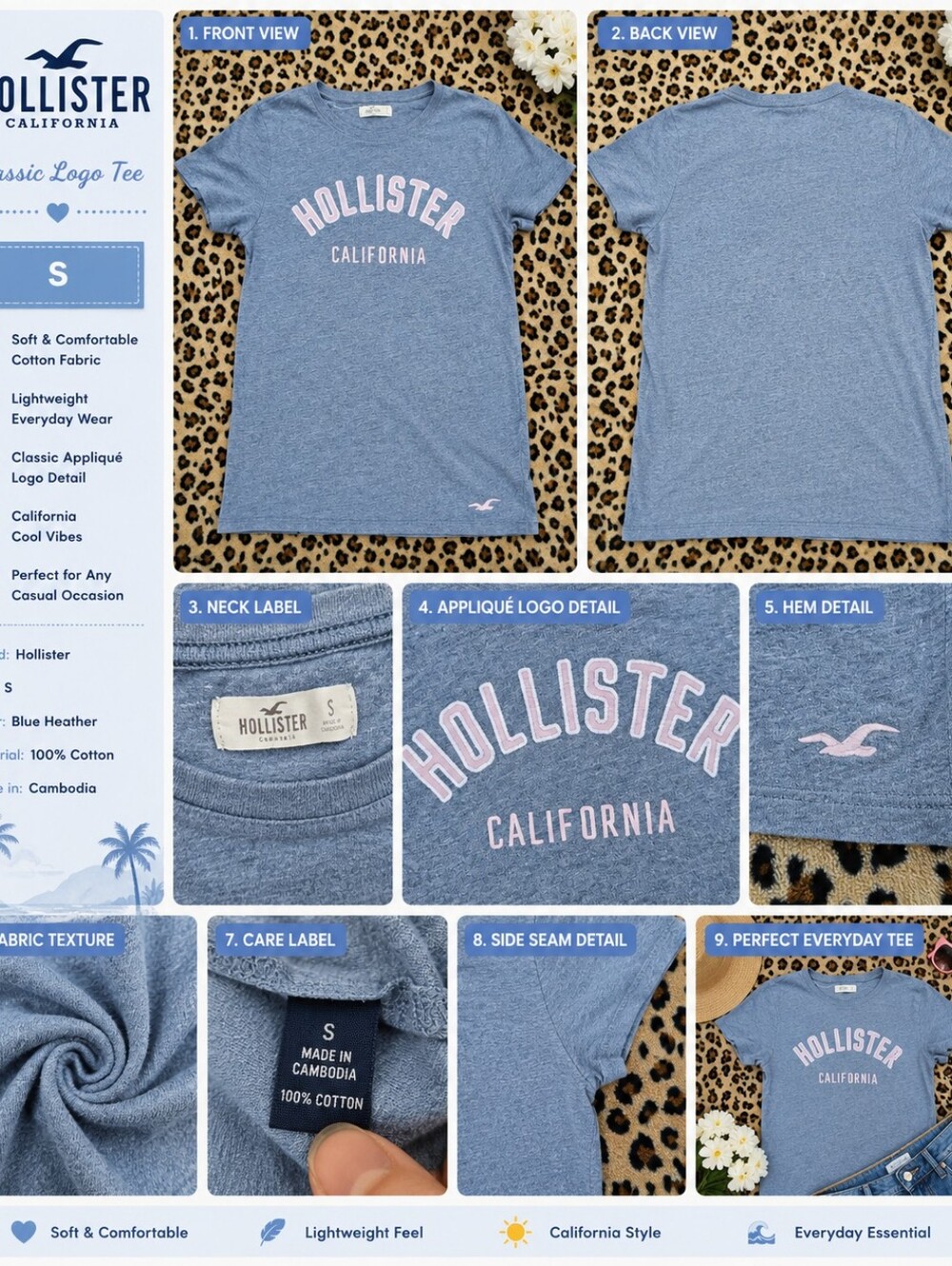 Hollister Blue Heather Tee with Pale Pink Text